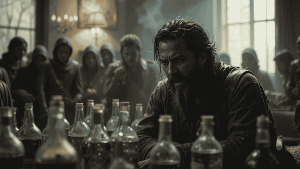 fake spiritual healer is drinking alcohol 