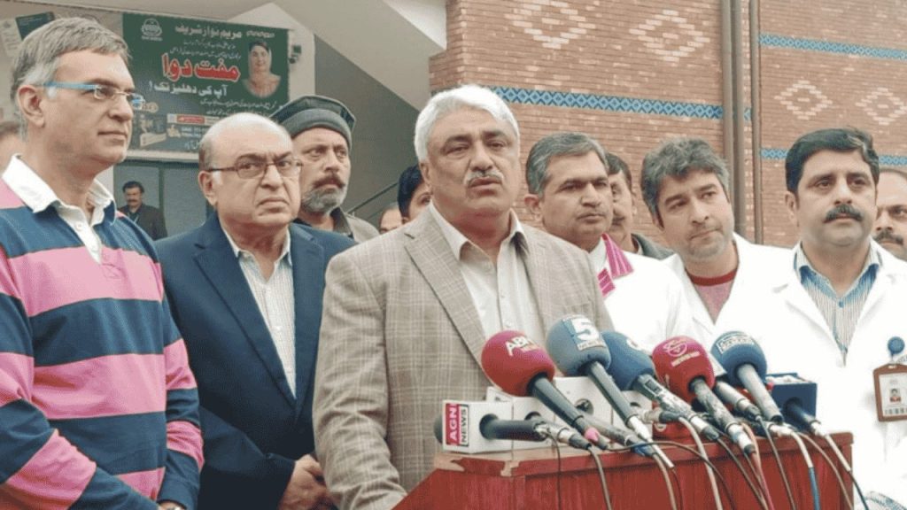 health minister Khawaja Salman Rafique talking to media at Faisalabad institute of Cardiology